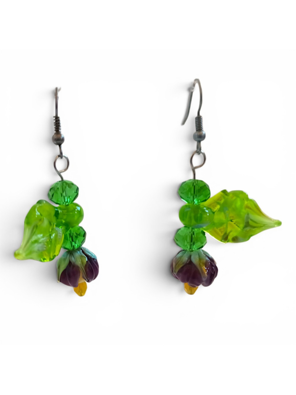 Artisan Floral Drop Earrings handmade lamp work glass garden beads Green Purple